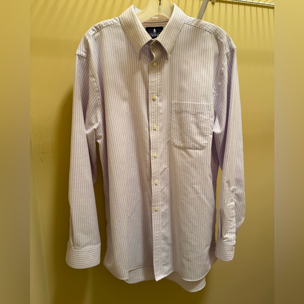 Stafford Men's White and Gray Striped Button Down Shirt Size 16.5/34-35